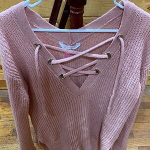 No Boundaries Blush Lace-Up V-Neck Sweater